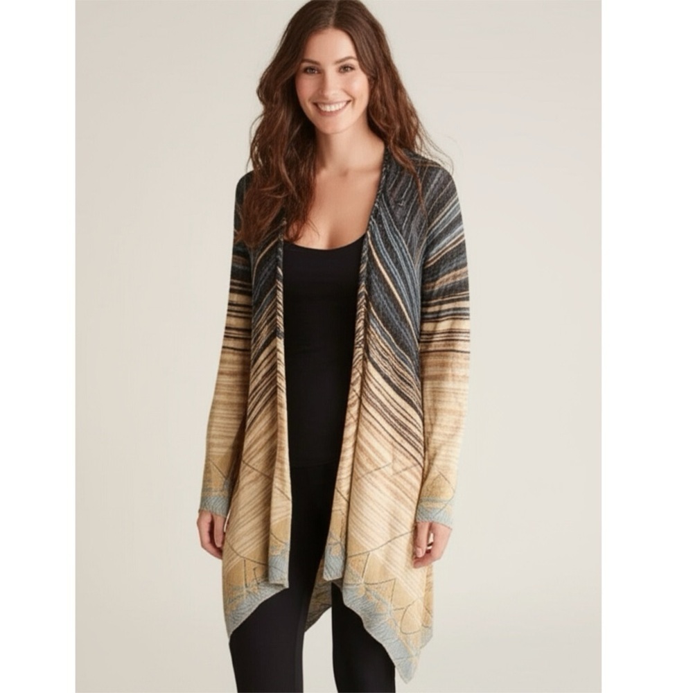 NIC + ZOE Waterfall Cardigan Eyelet Multi Natural Hues Long Sweater Womens Sz S